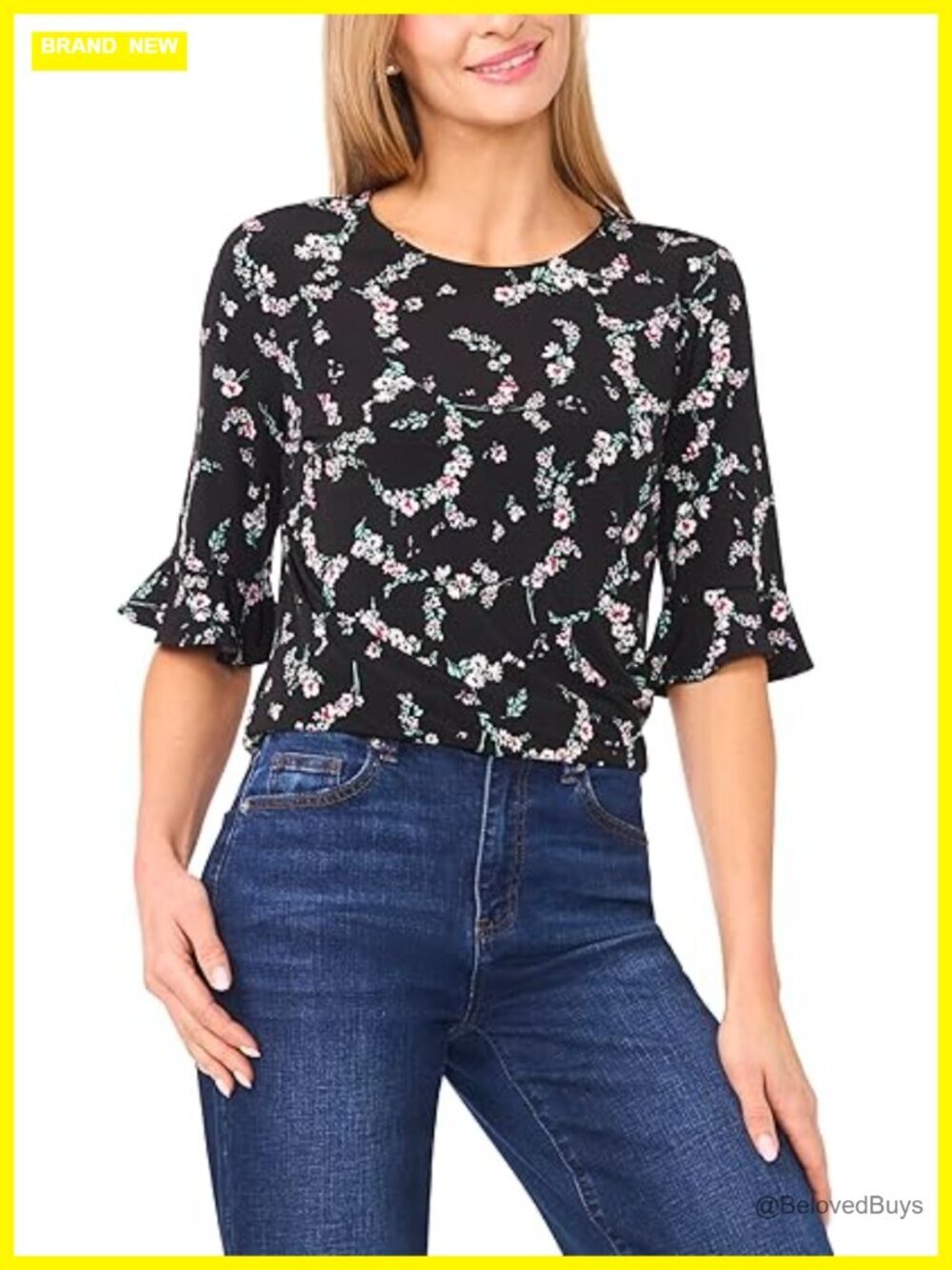3/4 Sleeve Ruffle Cuff Knit Top Floral Blouse